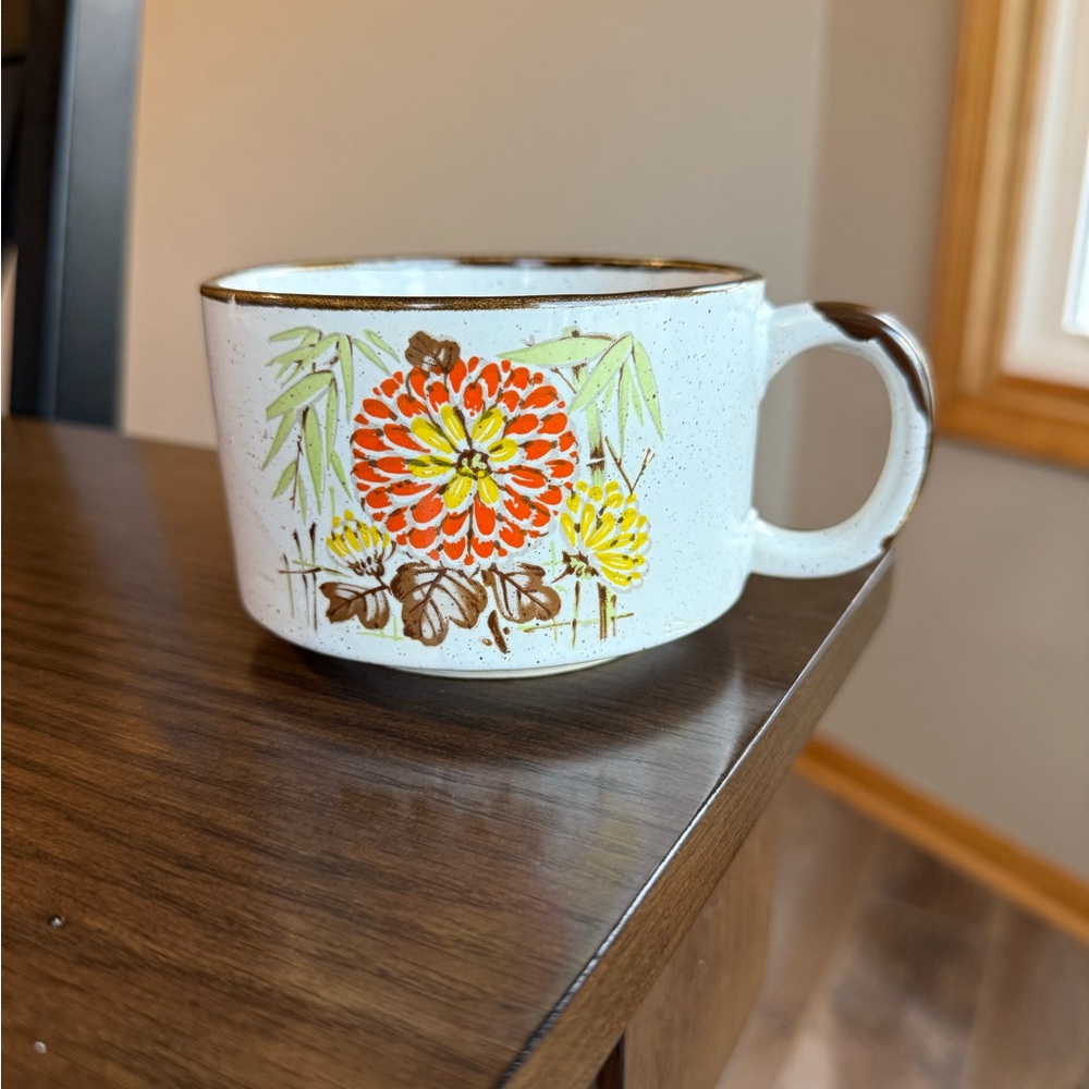 Vintage Otagiri Japan Speckled Stoneware Floral Soup Bowl Mug Cup with Handle